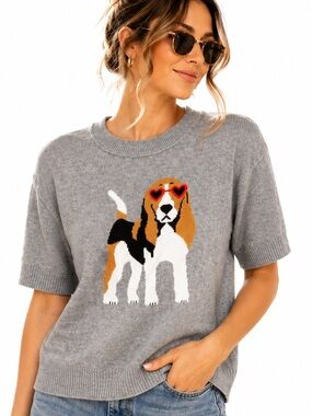 019.New Gray Dog Graphic Short-Sleeve Knit Top - Heart Sunglasses Beagle